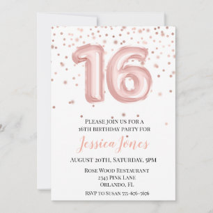Sweet 16 Sixteen Birthday Party Rose Gold Balloons Invitation