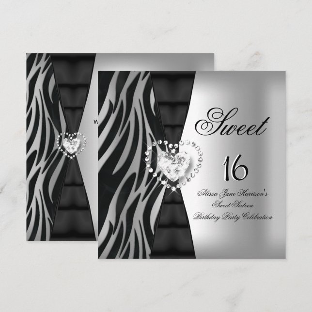 Sweet 16 Sixteen Birthday Party Zebra Black Silver Invitation (Front/Back)