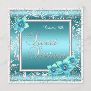 Sweet 16 Sixteen Birthday Teal Blue Flower Silver Invitation
