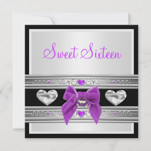 Sweet 16 Sixteen Birthday White Black Purple Bow Invitation