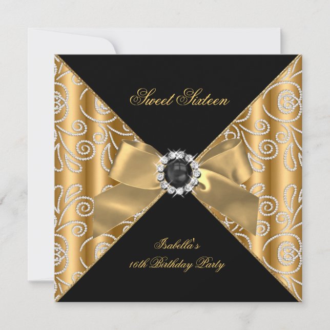 Sweet 16 Sixteen Black Bronze Gold Faux Diamond Invitation (Front)