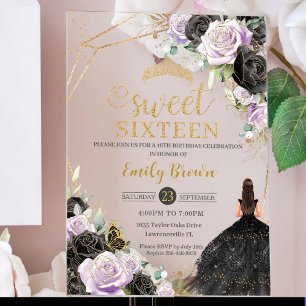 Sweet 16 Sixteen Black Dress Lilac Floral Gold Acrylic Invitations