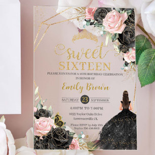 Sweet 16 Sixteen Black Dress Pink Floral Gold Acrylic Invitations