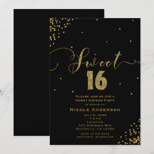 SWEET 16 Sixteen Black & Gold Confetti Corners Invitation