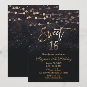 Sweet 16 Sixteen Black & Gold Sparkle Lights Invitation