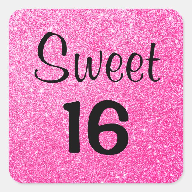 Sweet 16 Sixteen Black & Hot Pink Glitter Sparkle Square Sticker (Front)