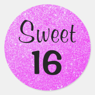 Sweet 16 Sixteen Black & Purple Glitter Sparkles Classic Round Sticker