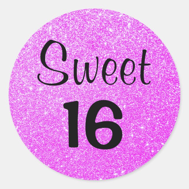 Sweet 16 Sixteen Black & Purple Glitter Sparkles Classic Round Sticker (Front)
