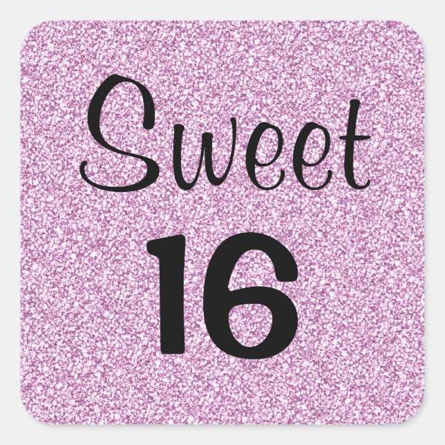 Sweet 16 Sixteen Black & Purple Glitter Sparkles Square Sticker (Front)