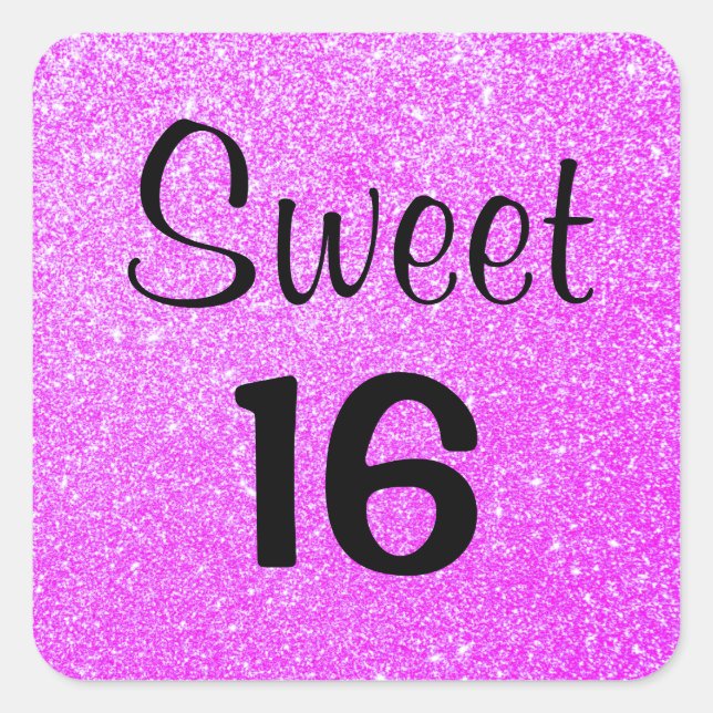 Sweet 16 Sixteen Black & Purple Glitter Sparkles Square Sticker (Front)