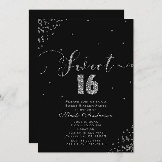 SWEET 16 Sixteen Black & Silver Confetti Corner Invitation (Front/Back)