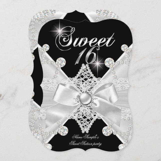 Sweet 16 Sixteen Black Silver Diamond Birthday Invitation (Front/Back)