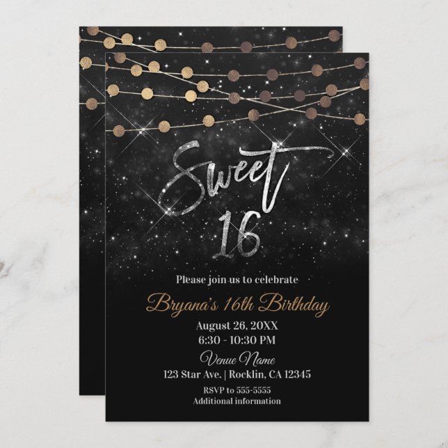 Sweet 16 Sixteen Black Silver Gold Sparkle Lights Invitation (Front/Back)
