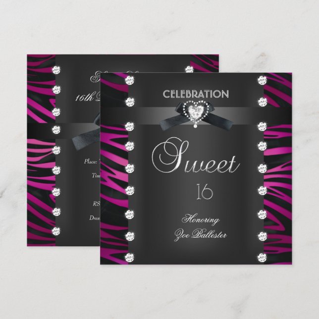 Sweet 16 Sixteen Black Tie Pink White Zebra Invitation (Front/Back)