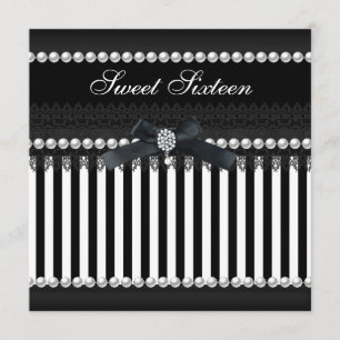 Sweet 16 Sixteen Black White Stripe Pearl Lace Invitation