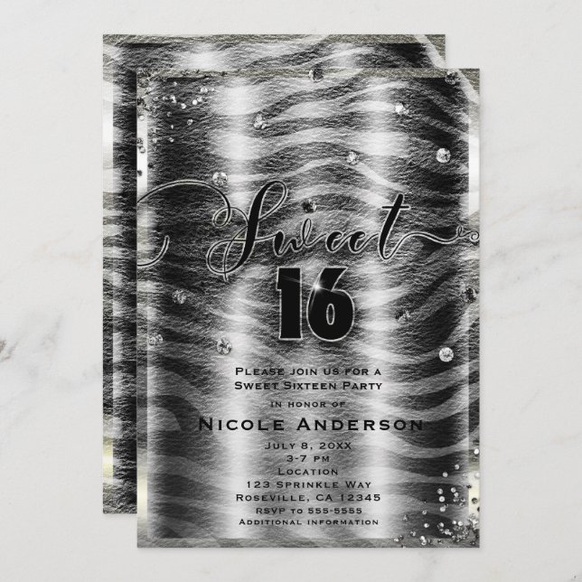 SWEET 16 Sixteen Black White Zebra & Silver Bling Invitation (Front/Back)