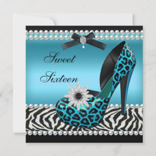 Sweet 16 Sixteen Blue Black Zebra Leopard Invitation