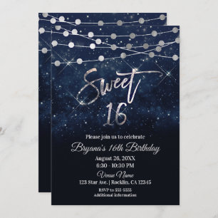 Sweet 16 Sixteen Blue & Silver Sparkle Lights Invitation
