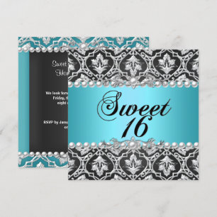 Sweet 16 Sixteen Blue Teal Aqua Black Silver Invitation