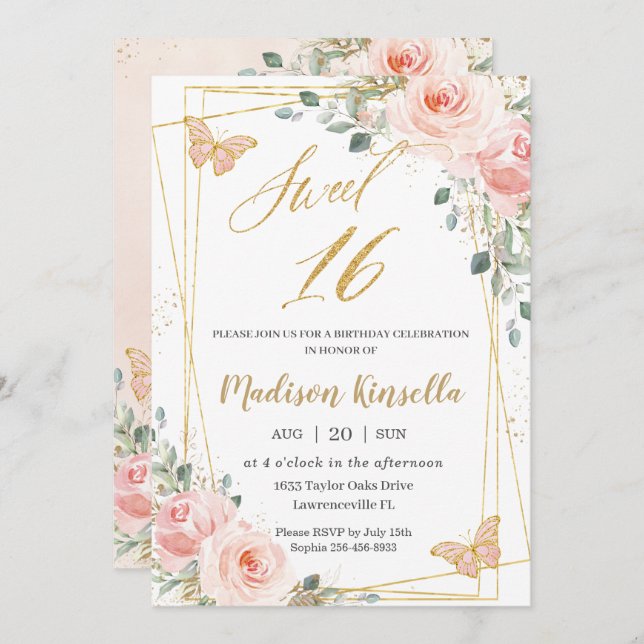 Sweet 16 Sixteen Blush Pink Floral Butterflies Invitation (Front/Back)
