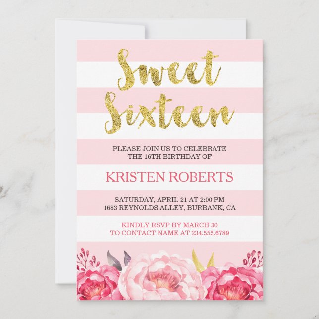 Sweet 16 (Sixteen) Blush Pink Floral God Glitter Invitation (Front)
