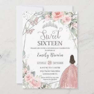 Sweet 16 Sixteen Blush Pink Floral Silver Birthday Invitation