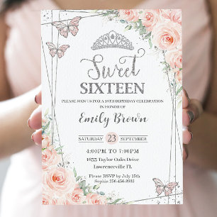 Sweet 16 Sixteen Blush Pink Floral Silver Birthday Invitation