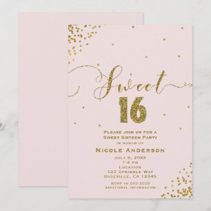 SWEET 16 Sixteen Blush Pink & Gold Confetti Corner Invitation