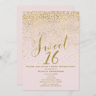SWEET 16 Sixteen Blush Pink & Gold Confetti Invitation