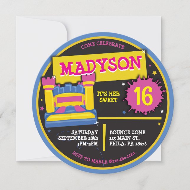 Sweet 16 Sixteen BOUNCE HOUSE CASTLE PRINCESS Invitation (Front)