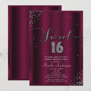 SWEET 16 Sixteen Burgundy Silver Confetti Corners Invitation
