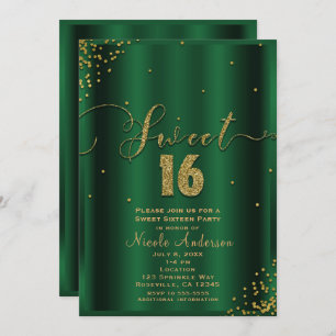 SWEET 16 Sixteen Emerald & Gold Confetti Corners Invitation
