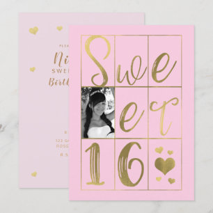 SWEET 16 SIXTEEN Gold & Blush Pink Hearts Photo Invitation