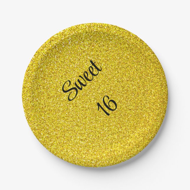 Sweet 16 Sixteen Gold Glitter Birthday Party Paper Plate (Front)