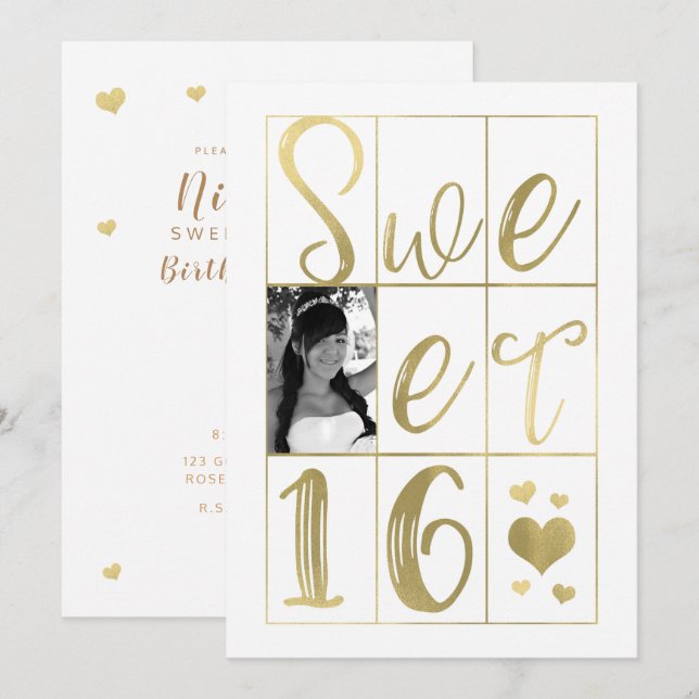 SWEET 16 SIXTEEN Gold & White Hearts Photo Invitation (Front/Back)