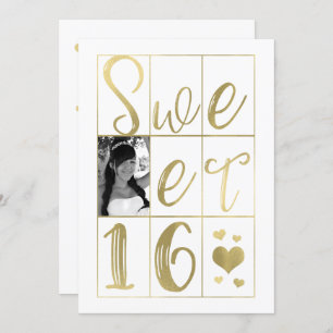 SWEET 16 SIXTEEN Gold & White Hearts Photo Invitation