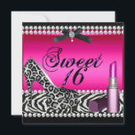 Sweet 16 Sixteen Hot Pink Lipstick Zebra Leopard Invitation<br><div class="desc">Sweet 16 Sixteen Hot Pink Lipstick Black Zebra Leopard Hign Heel Shoes Stiletto Diamond Pearl Bow Ribbon invitation Birthday party</div>