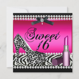 Sweet 16 Sixteen Hot Pink Lipstick Zebra Leopard Invitation