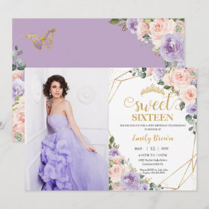 Sweet 16 Sixteen Lilac Blush Floral Birthday Photo Invitation