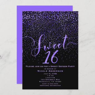 SWEET 16 Sixteen Modern Confetti Purple & Black Invitation