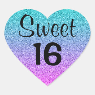 Sweet 16 Sixteen Ombre Pink Blue Purple Glitter Heart Sticker
