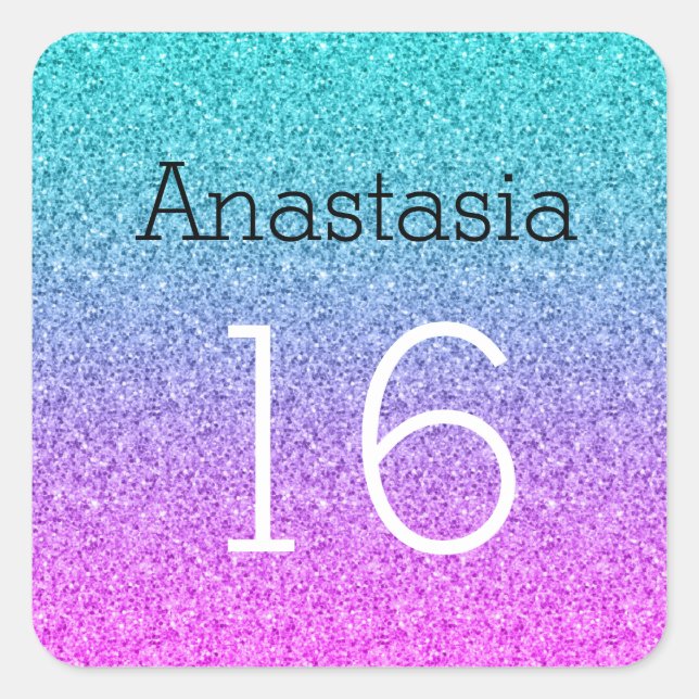 Sweet 16 Sixteen Ombre Pink Blue Purple Glitter Square Sticker (Front)