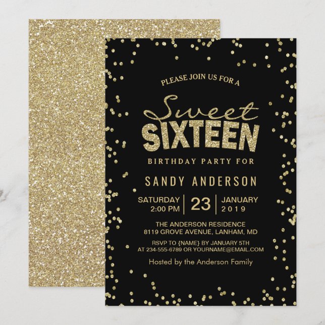 Sweet 16 Sixteen Party | Trendy Gold Glitter Dots Invitation (Front/Back)