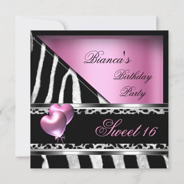 Sweet 16 Sixteen Pink Balloons Zebra Leopard Invitation (Front)