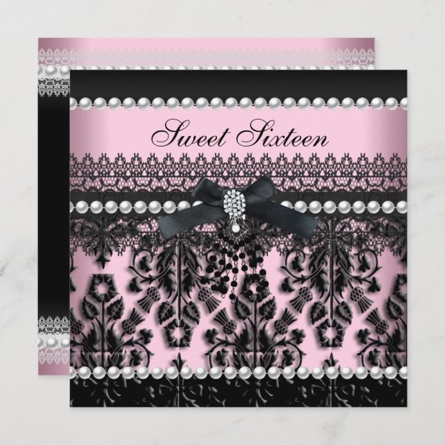 Sweet 16 Sixteen Pink Black Pearl Lace Damask Invitation (Front/Back)