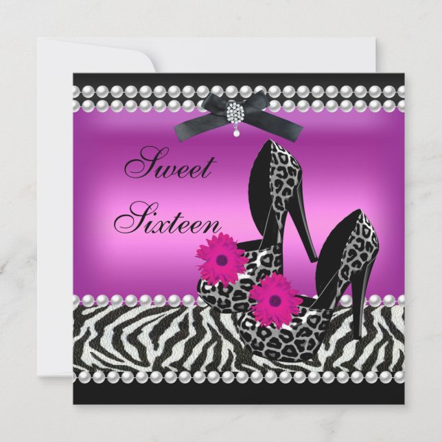 Sweet 16 Sixteen Pink Black Zebra Leopard Invitation (Front)