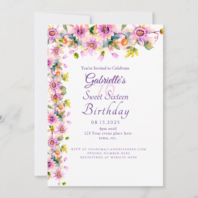 Sweet 16 Sixteen Pink Floral Birthday Party Invitation (Front)