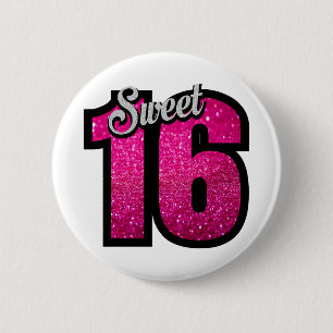 Sweet 16 sixteen pink glitter birthday party girl 6 cm round badge