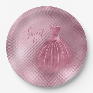 Sweet 16 Sixteen Pink Glitter Dress Elegant Party Paper Plate
