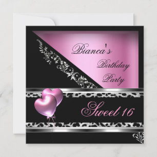 Sweet 16 Sixteen Pink Heart Balloons Leopard Invitation
